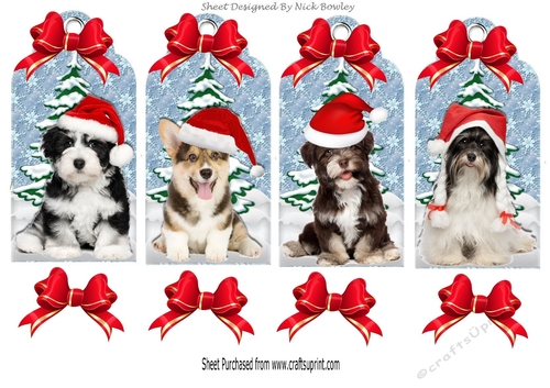 Four lovely christmas tags with dogs in santa hats with snow with red bows