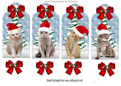 Four lovely christmas tags with cats in santa hats with snow with red bows