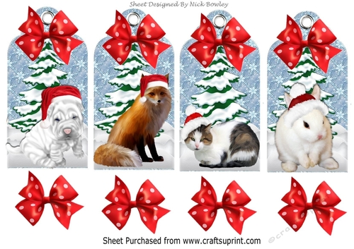 Four lovely christmas tags with animals in santa hats with snow with red bows