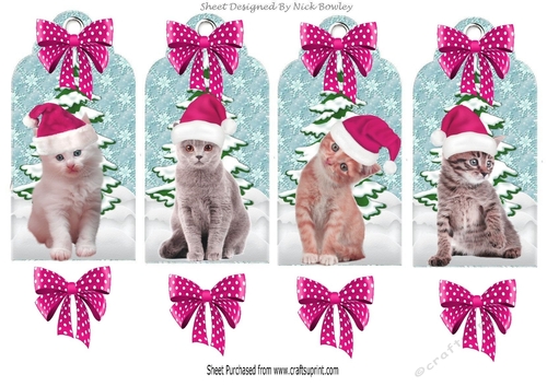 Four lovely christmas tags with cats/kittens in pink santa hats with snow with pink bows