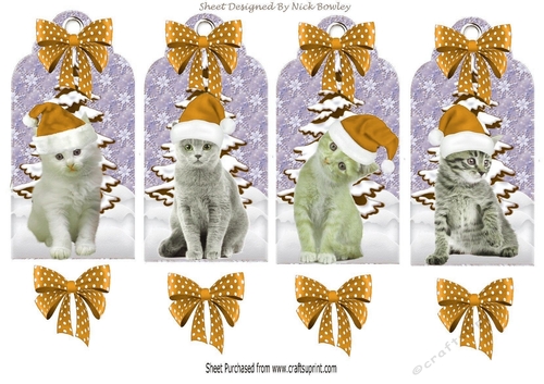 Four lovely christmas tags with cats/kittens in gold santa hats with snow with gold bows