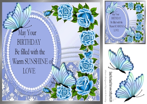 Pearls and blue roses for that special birthday with butterflies 8x8