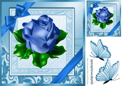 A single pretty blue rose with corner bow in ornate frame 8x8