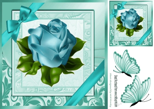 A single pretty turq rose with corner bow in ornate frame 8x8