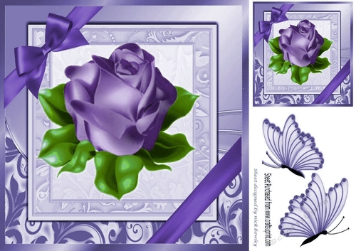 A single pretty purple rose with corner bow in ornate frame 8x8