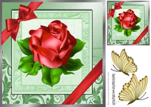 A single pretty red rose with corner bow in ornate frame 8x8