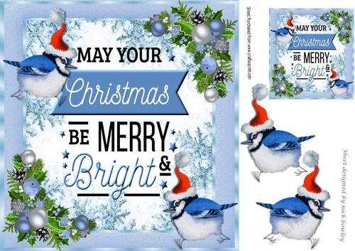 A lovely festive card front  with little blue birds in santa hats and verse 8x8