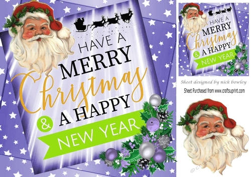 A lovely festive card front  with santa and purple stars and verse 8x8