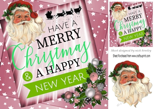 A lovely festive card front  with santa and pink stars and verse 8x8