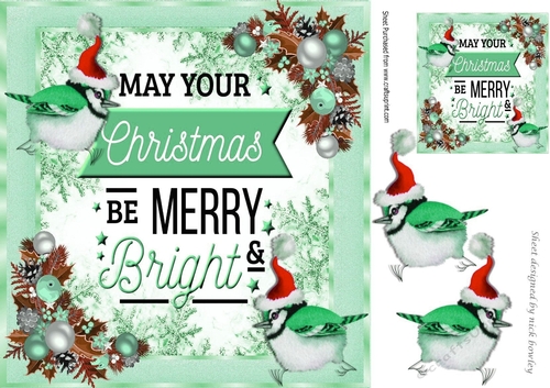 A lovely festive card front  with little green birds in santa hats and verse 8x8