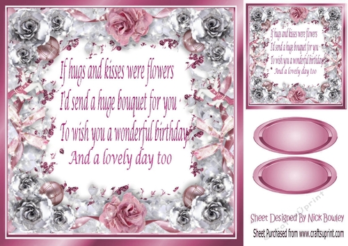 Pretty frame adorned with pink and silver roses (BIRTHDAY) Card front 8x8