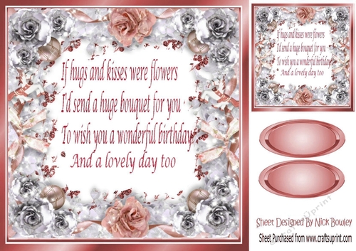 Pretty frame adorned with peach and silver roses (BIRTHDAY) Card front 8x8