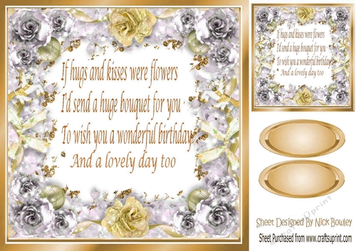 Pretty frame adorned with gold and silver roses (BIRTHDAY) Card front 8x8