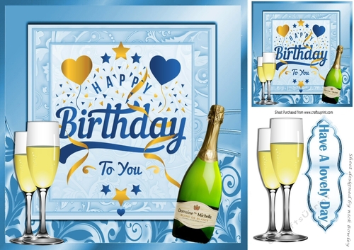 Lovely Birthday celebration  card front with wine (blue) 8x8