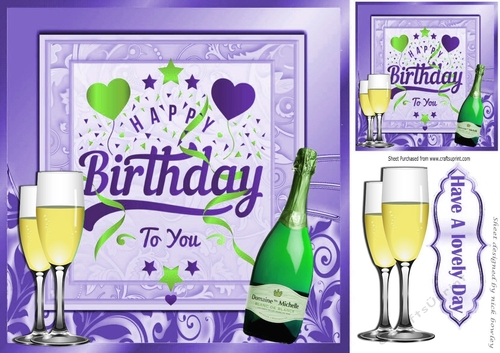Lovely Birthday celebration  card front with wine (purple) 8x8