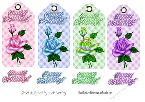 Four pretty birthday gingham tags with roses
