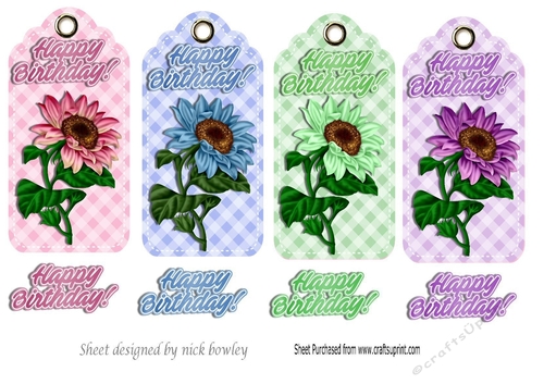 Four pretty birthday gingham tags with sunflowers