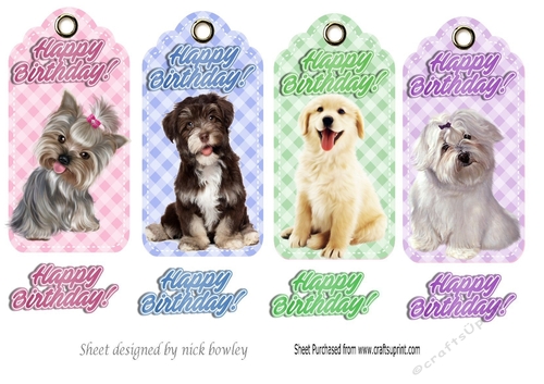 Four pretty birthday gingham tags with dogs