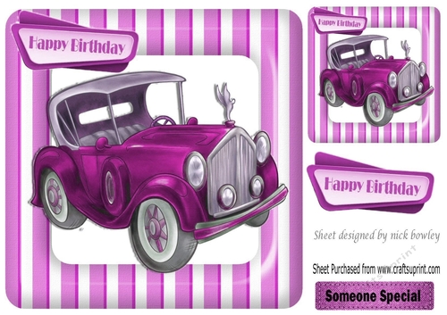 Vintage pink car in stripe 8x8 frame