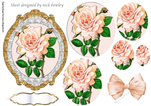 Pretty peach rose with buds in sparkle frame with pyramids