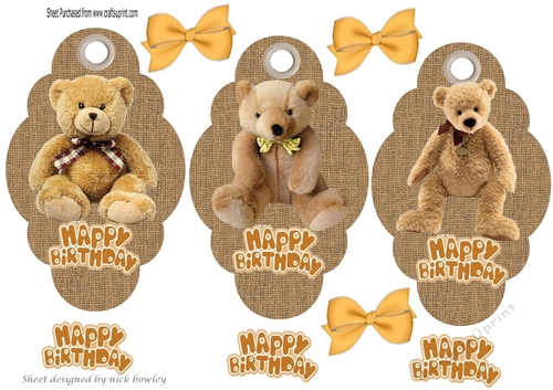 Three lovely Burlap tags with teddies & bows