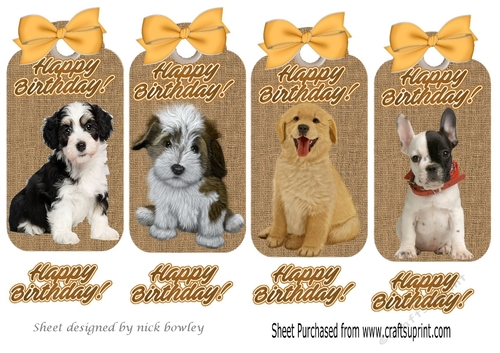 Four lovely Burlap tags with cute puppies & bows