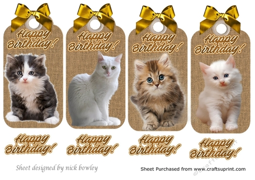 four lovely Burlap tags with cats & bows
