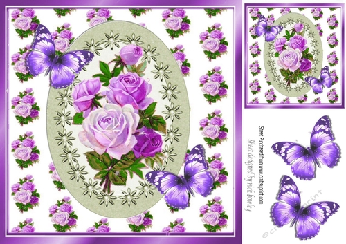 Pretty shades of pinks and lilac roses with butterflies 8x8