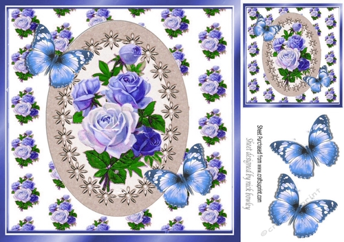 Pretty shades of blues  roses with butterflies 8x8