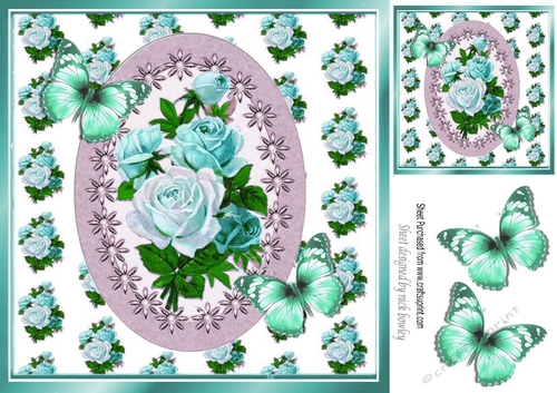 Pretty shades of turq  roses with turq  butterflies 8x8