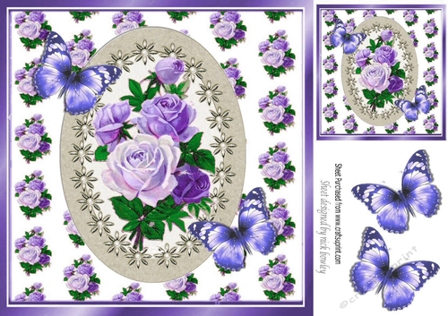 Pretty shades of lilac and purple roses with butterflies 8x8