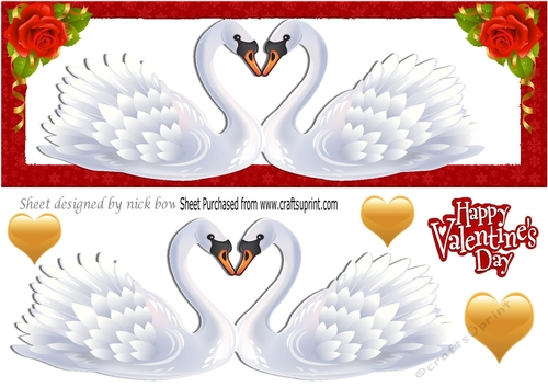Pair of lovely white swans with red roses and hearts DL