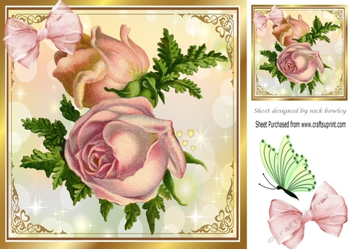 Pretty vintage pink roses with butterfly 8x8