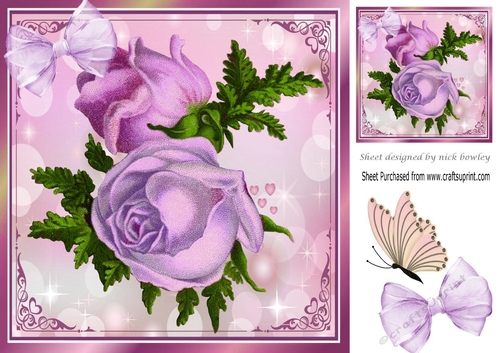 Pretty vintage lilac roses with butterfly 8x8