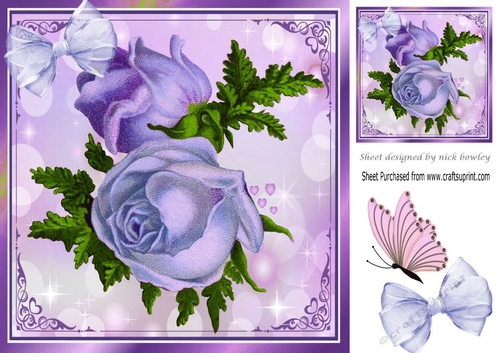 Pretty vintage purple roses with butterfly 8x8