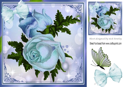 Pretty vintage blue roses with butterfly 8x8