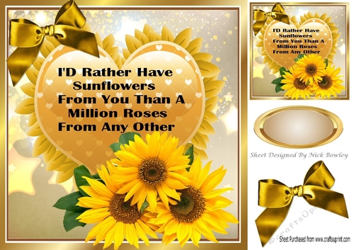  pretty sunflowers on a gold heart with bow 8x8