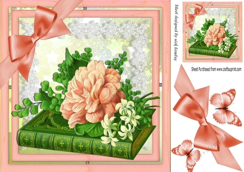 Pretty vintage peach flowers on a book with lace 8x8