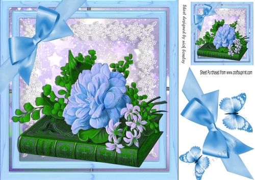 Pretty vintage blue flowers on a book with lace 8x8