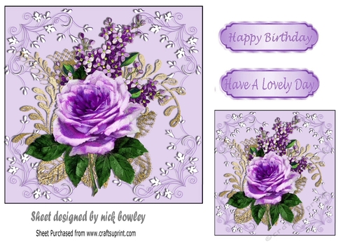Pretty painted purple flower arrangement in ornate frame 5x5