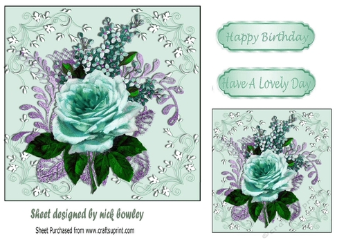 Pretty painted turq flower arrangement in ornate frame 5x5