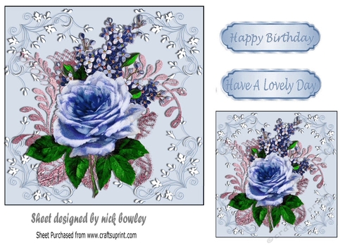 Pretty painted blue flower arrangement in ornate frame 5x5