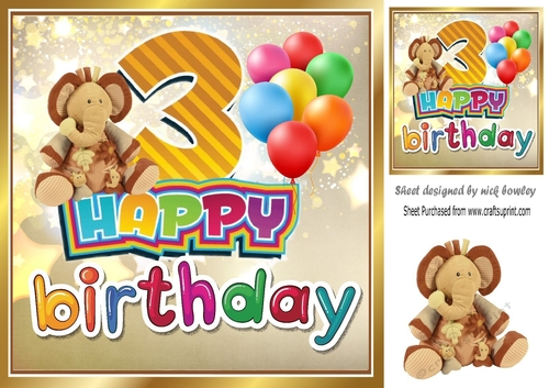 Lovely (3rd Birthday) with elephant and balloons 8x8