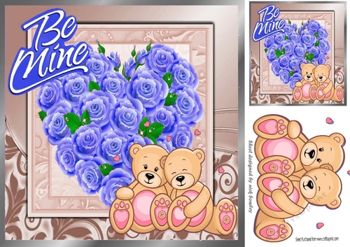 A Heart of Blue Roses and cuddle teddy bears 8x8