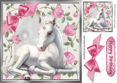 Pretty white unicorn in frame of pink roses 8x8