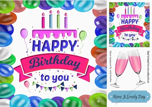 Birthday celebrations card front in balloon frame 8x8 (pink banner)