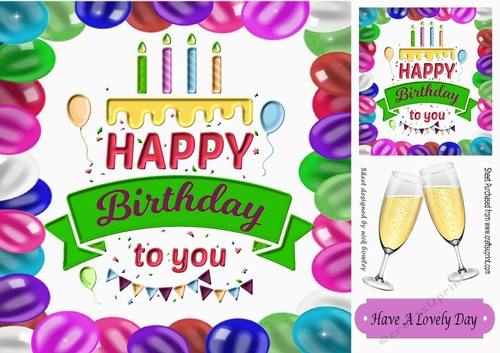 Birthday celebrations card front in balloon frame 8x8 (green banner)