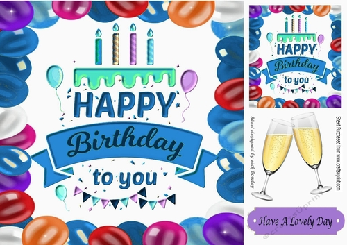 Birthday celebrations card front in balloon frame 8x8 (blue banner)