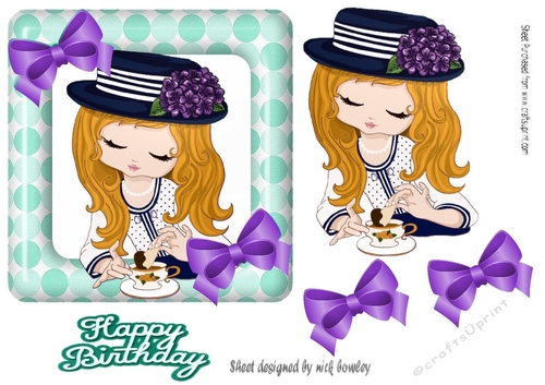 Afternoon tea with girl blond hair in polkadot frame