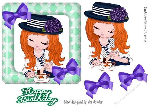 Afternoon tea with girl red hair in turq polkadot frame